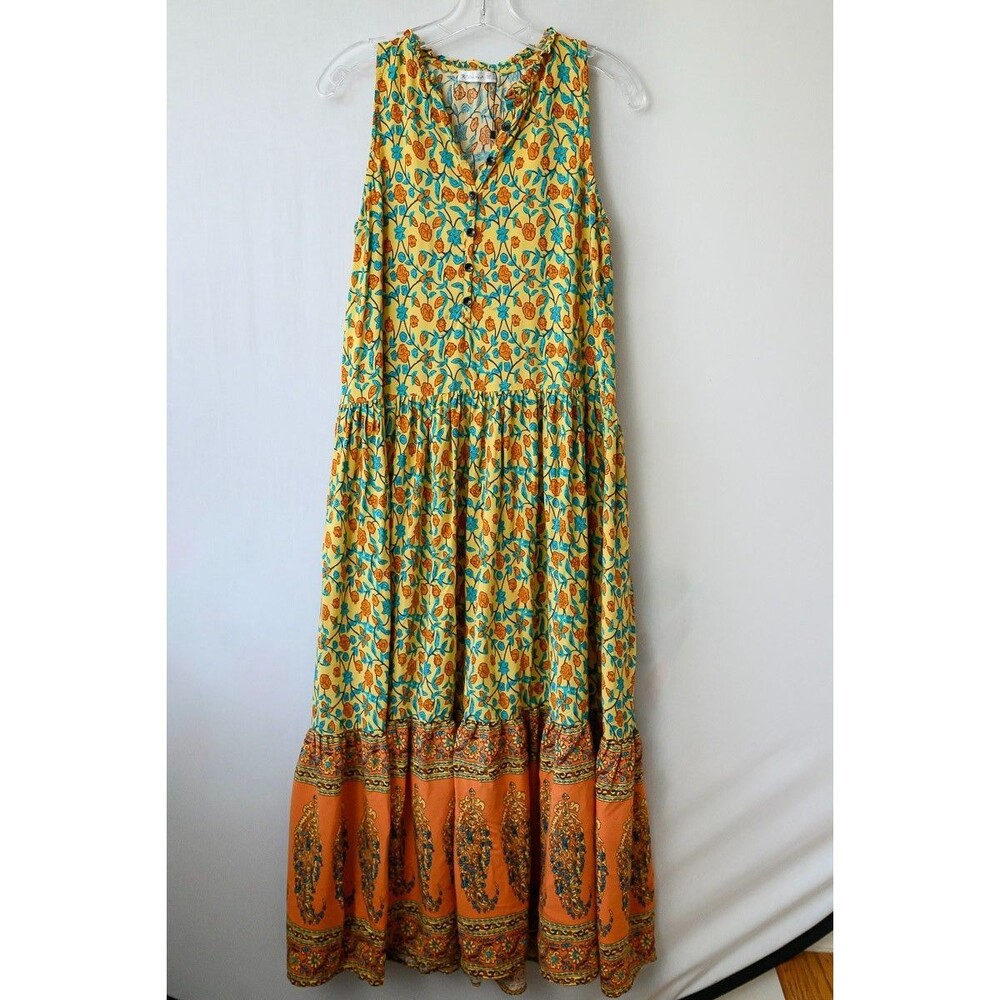 R. Vivimos Dress L 12/14 Floral maxi sleeveless Boho Cottage